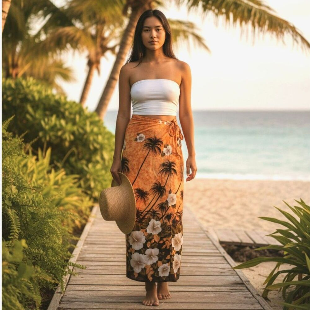 Tropical Hawaiian Wrap Maxi Skirt Hibiscus Palm Print Resort S